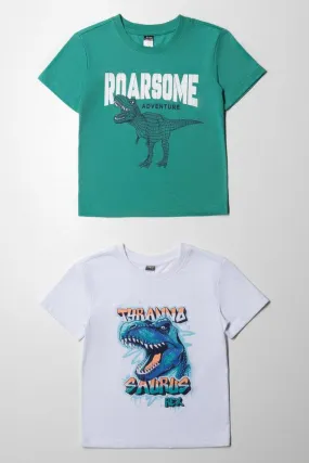 2 Pack Dinosaur Short Sleeve T-Shirts Aqua & White