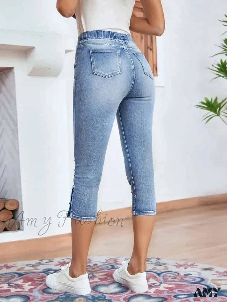 Amy Fashion - Elastic Waist Calf-Length Summer Casual Skinny Fashion High Slim Jean