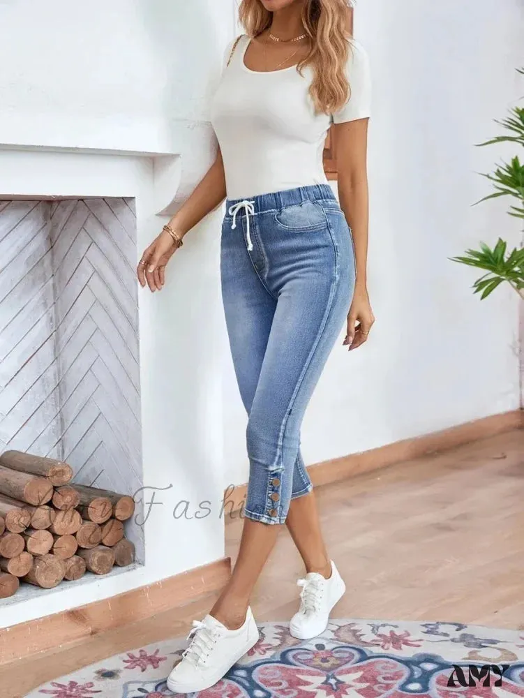 Amy Fashion - Elastic Waist Calf-Length Summer Casual Skinny Fashion High Slim Jean