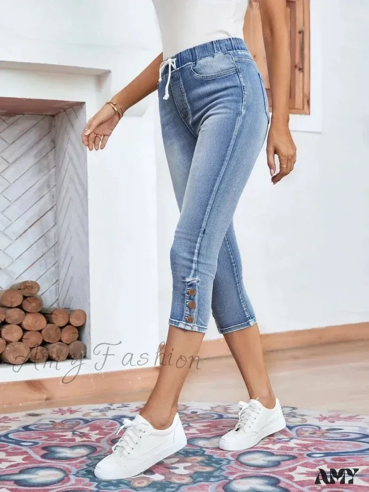 Amy Fashion - Elastic Waist Calf-Length Summer Casual Skinny Fashion High Slim Jean