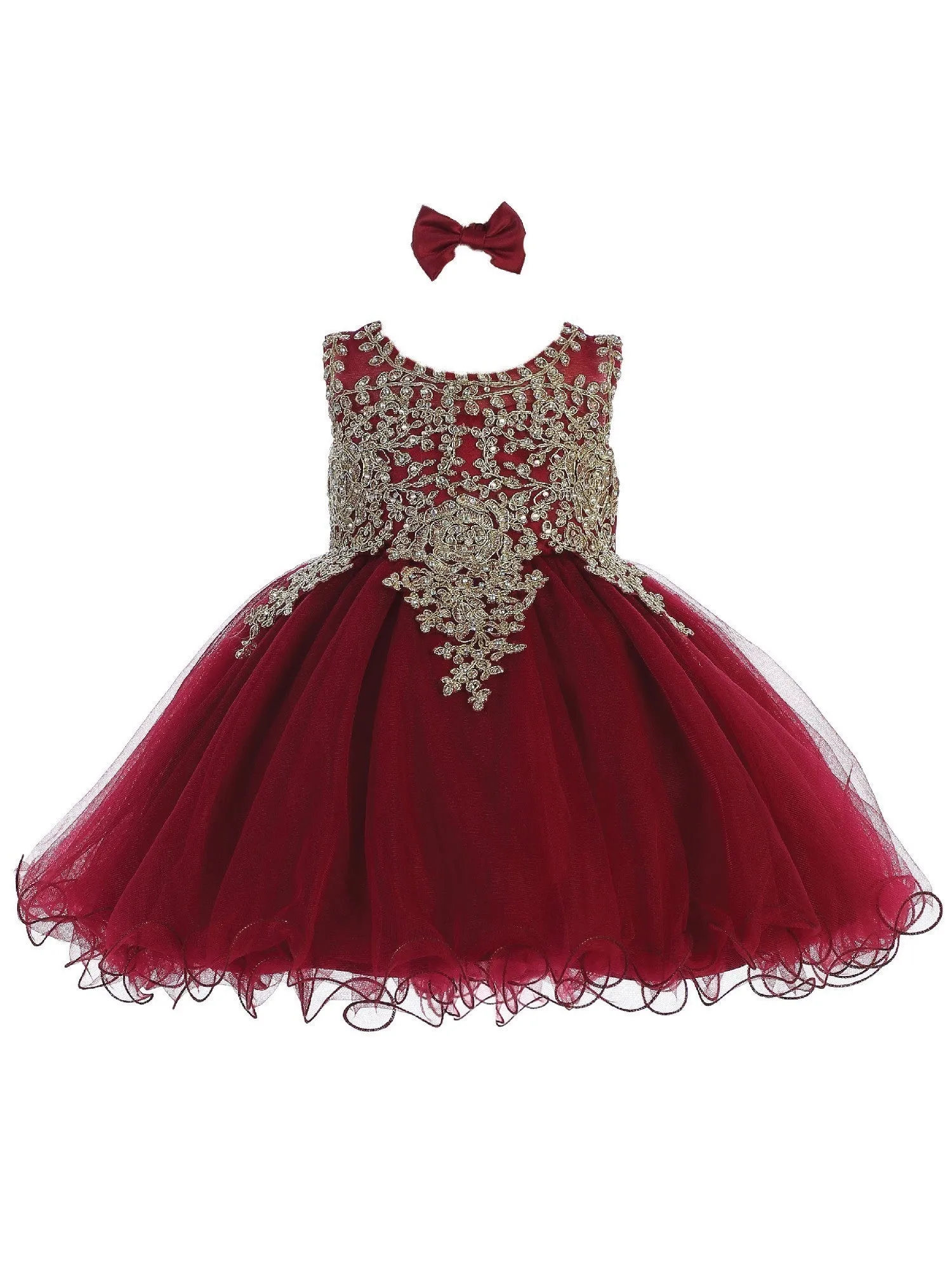 Baby Girls Burgundy Gold Tulle Short Pageant Easter Dress 6-24M