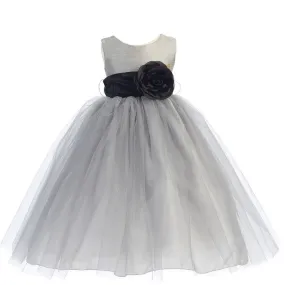 Baby Girls Silver Black Sash Poly Silk Tulle Flower Girl Dress 6-24M