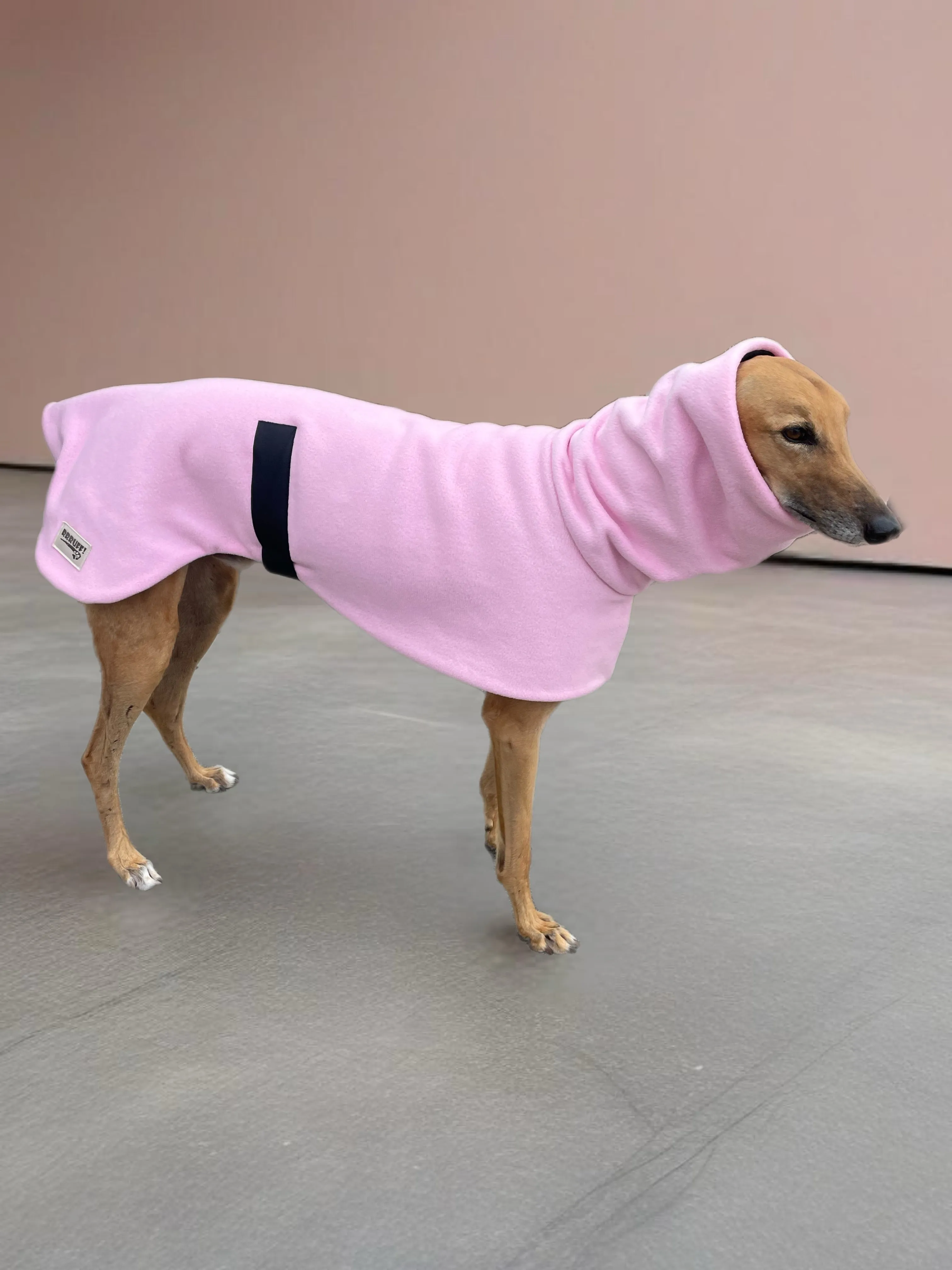 Baby pink Greyhound Deluxe Dog coat dog rug,  thick double polar fleece black washable extra wide hoodie