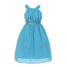 Big Girls Turquoise Dazzling Sequin Pleated Dress 8-14