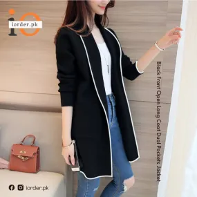 Black Front Open Long Coat Dual Pockets Jacket