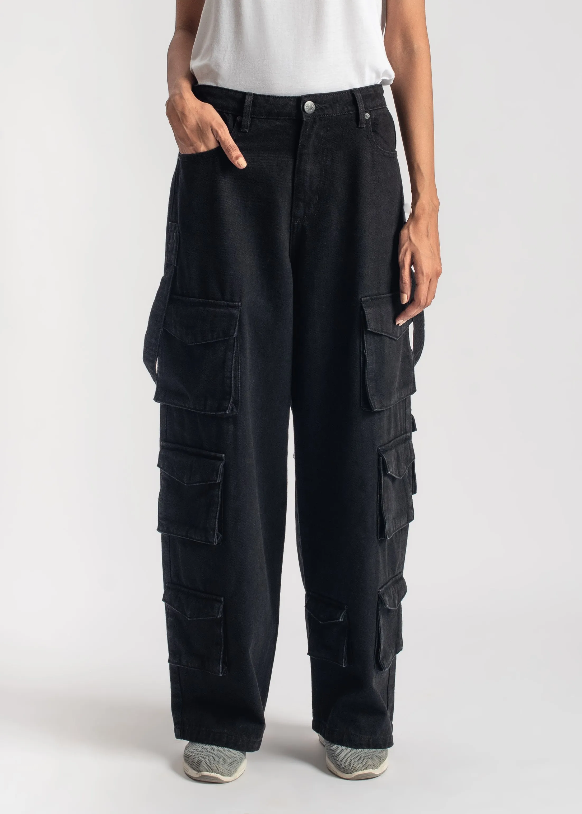 Black Multi Pocket Cargo Jeans-Women