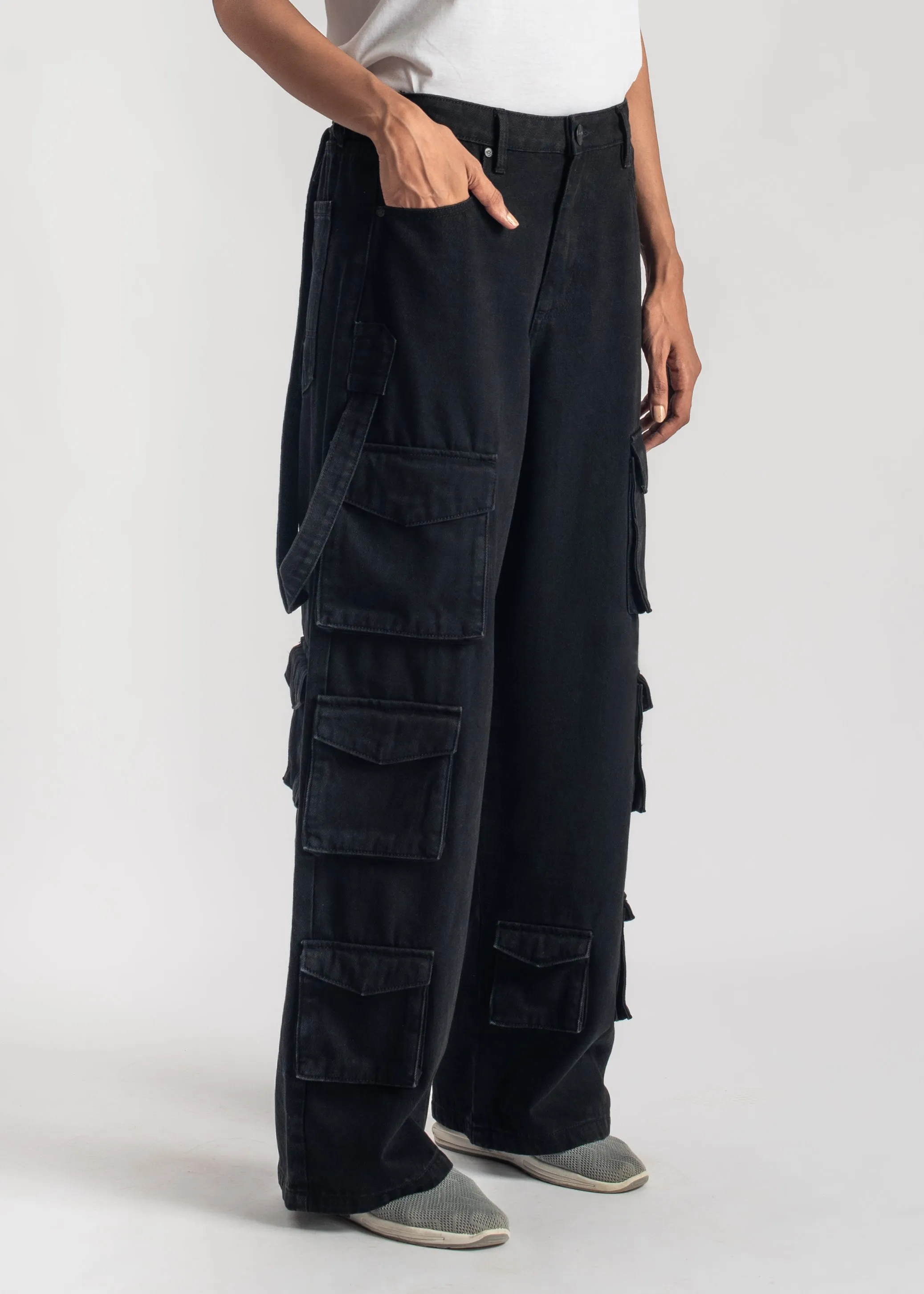 Black Multi Pocket Cargo Jeans-Women