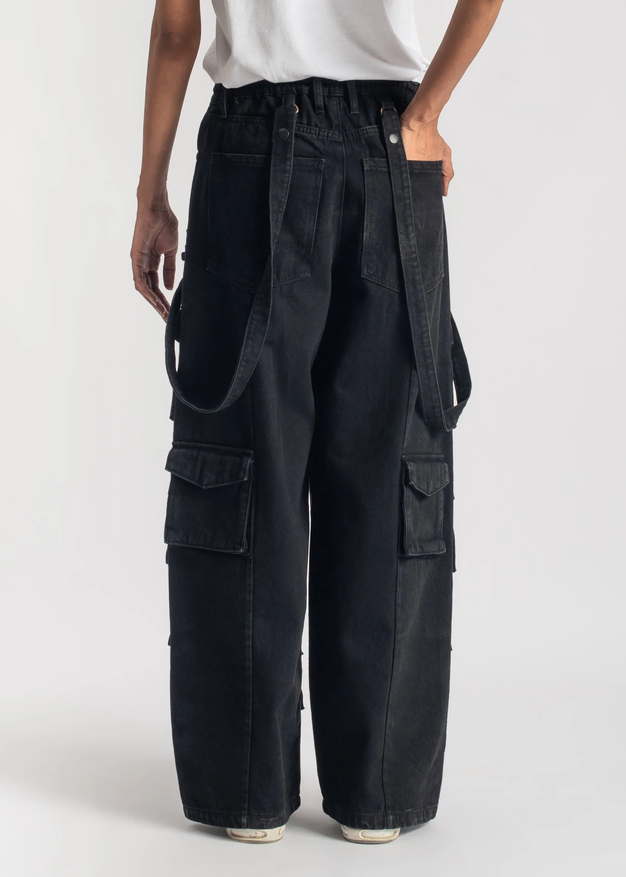 Black Multi Pocket Cargo Jeans-Women