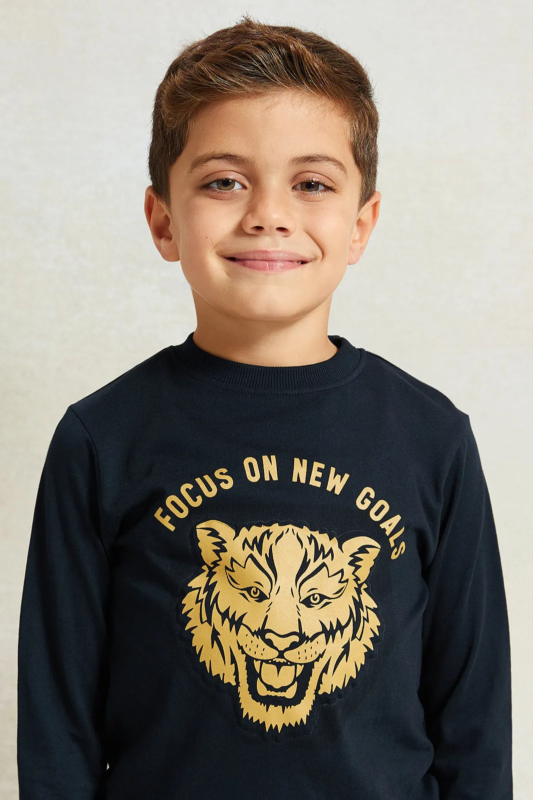 Boys Black Lion Print Long Sleeve T-Shirt