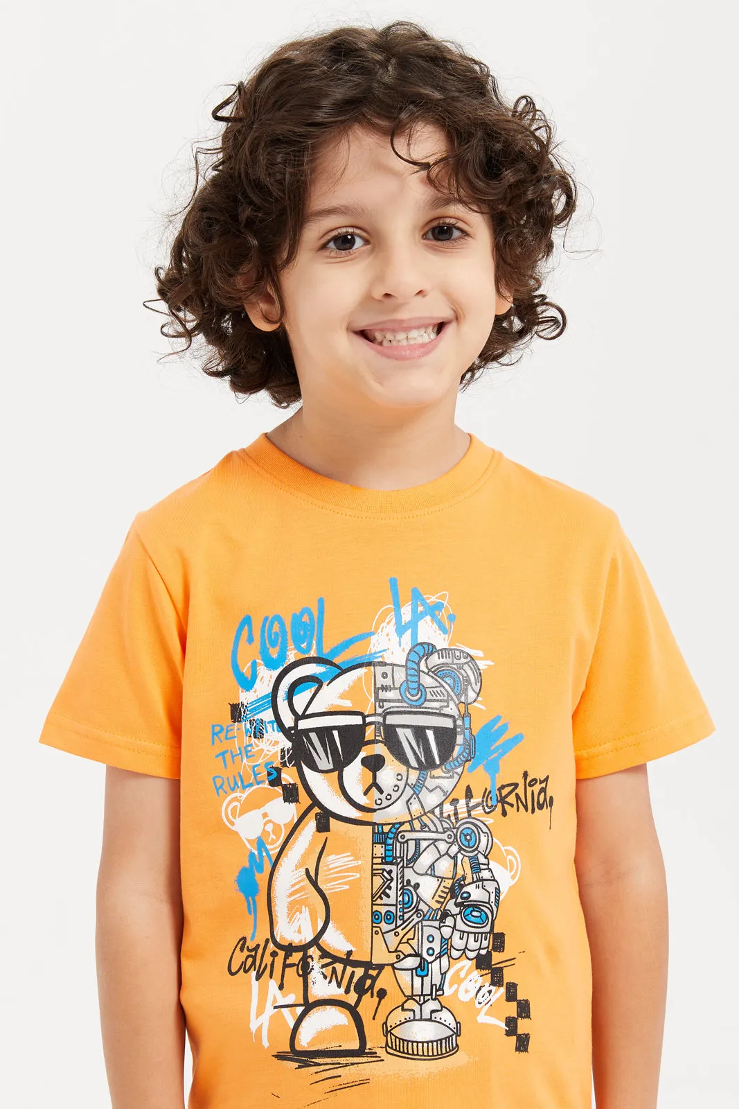 Boys Orange Cool Robo Graphic T-Shirt