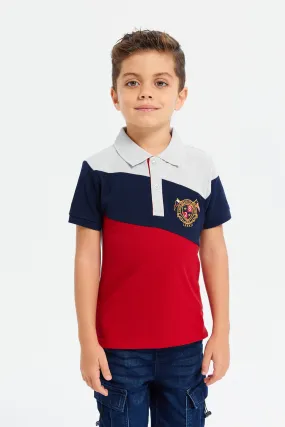 Boys Red Slant Cut And Sew Polo T-Shirt