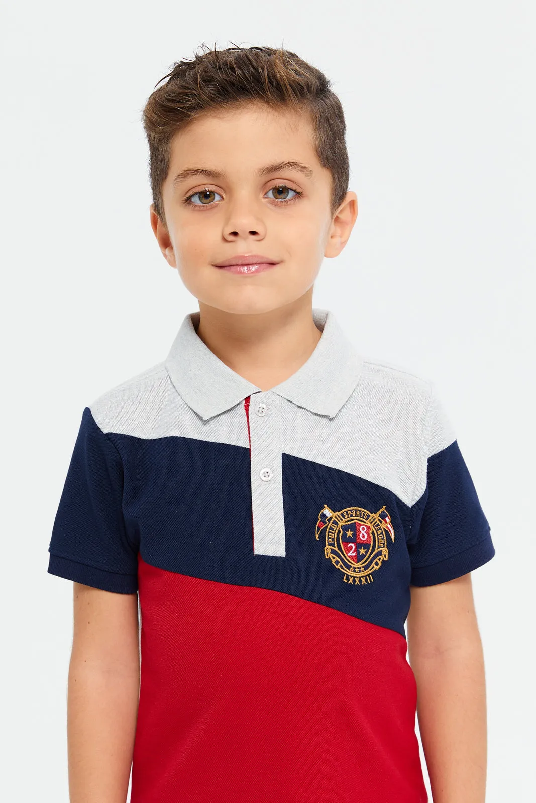 Boys Red Slant Cut And Sew Polo T-Shirt