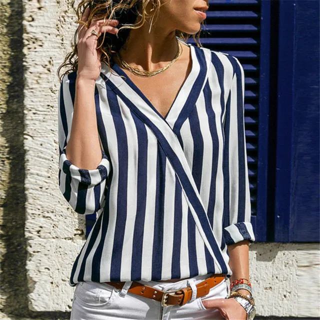 Casual Striped Ladies' Long Sleeve V-neck Chiffon Tops For Office