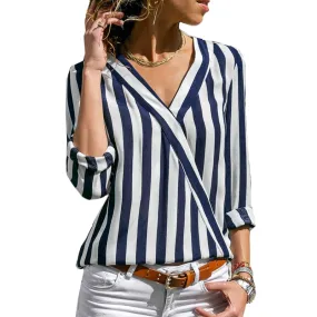 Casual Striped Ladies' Long Sleeve V-neck Chiffon Tops For Office