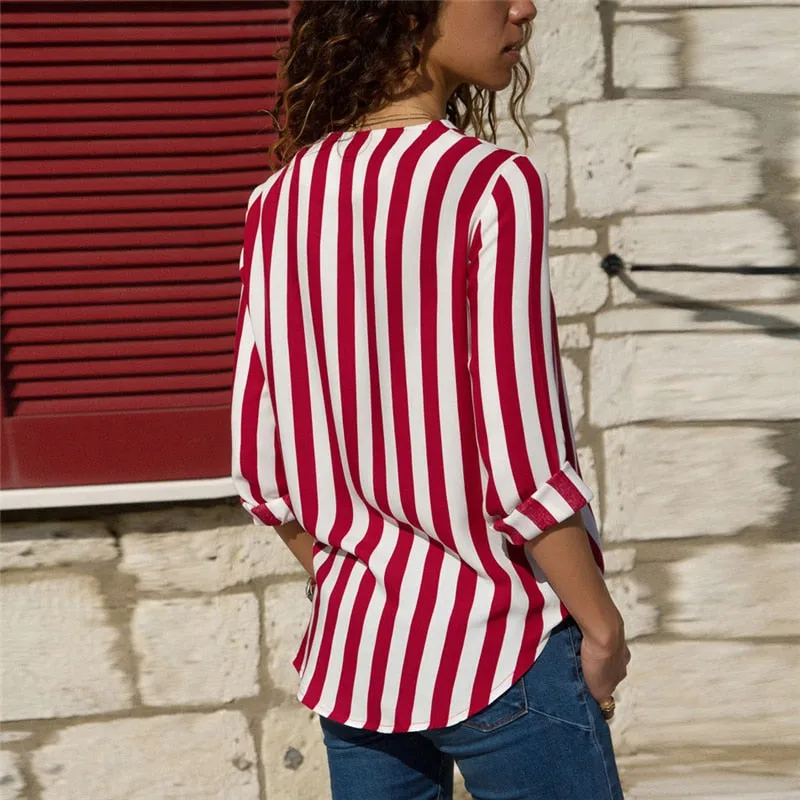 Casual Striped Ladies' Long Sleeve V-neck Chiffon Tops For Office