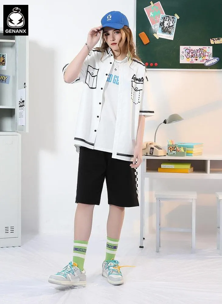 Comic Style Graffiti Lines Print Short Sleeve Shirt