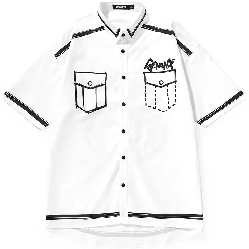 Comic Style Graffiti Lines Print Short Sleeve Shirt