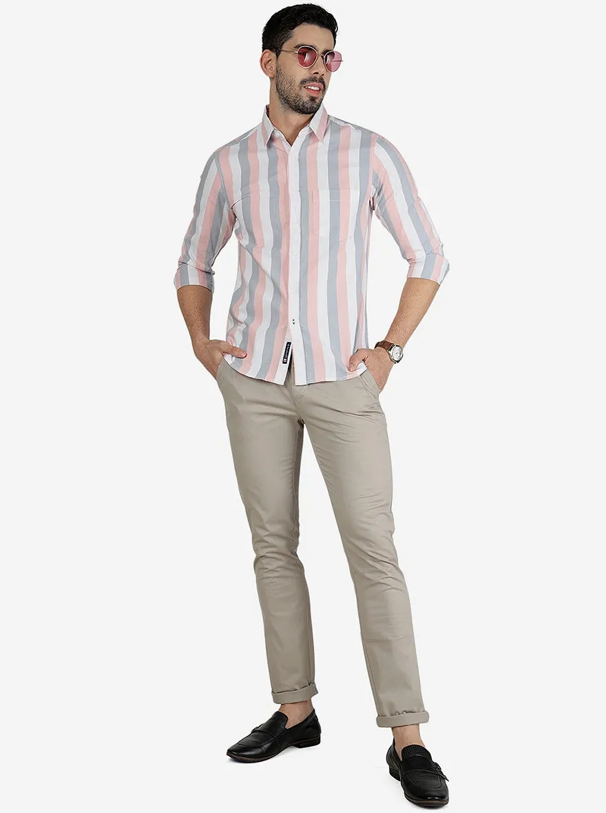 Coral Pink Striped Slim Fit Casual Shirt | Greenfibre