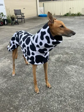 Cow print fleecy deluxe style greyhound coat with snuggly wide neck roll washable