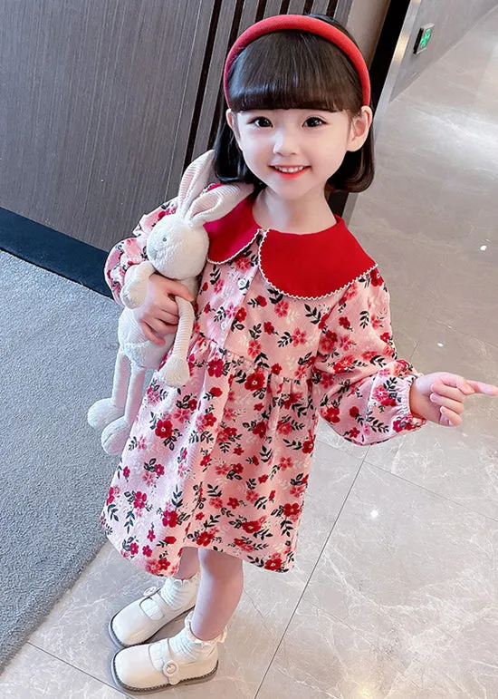 Cute Red Peter Pan Collar Print Cotton Girls Dresses Long Sleeve XZ008