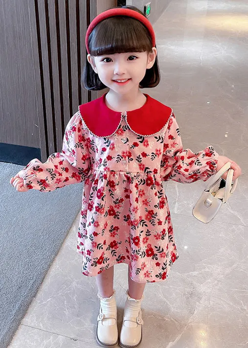 Cute Red Peter Pan Collar Print Cotton Girls Dresses Long Sleeve XZ008