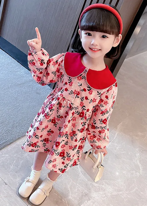 Cute Red Peter Pan Collar Print Cotton Girls Dresses Long Sleeve XZ008