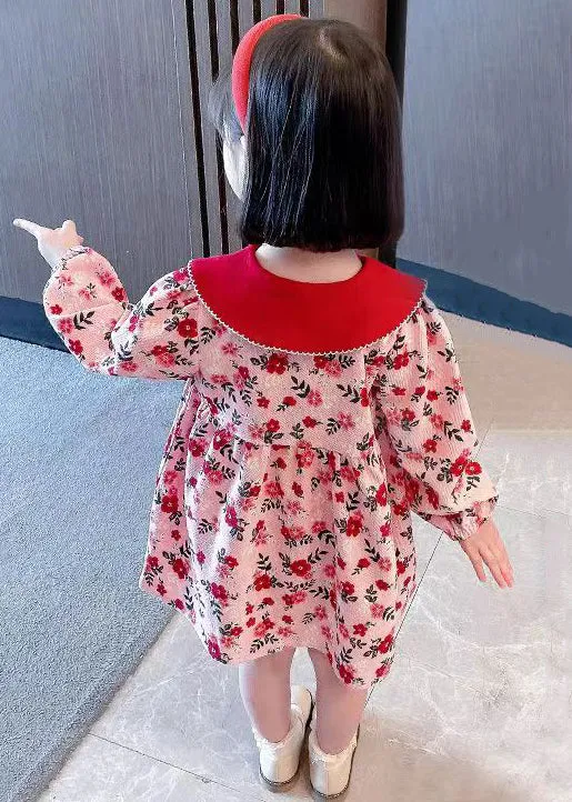 Cute Red Peter Pan Collar Print Cotton Girls Dresses Long Sleeve XZ008