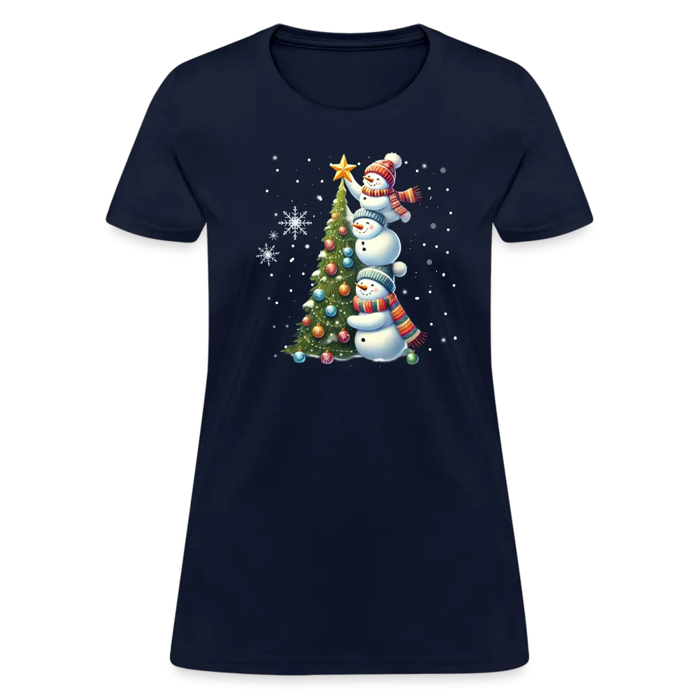 Cute Snowman Decorating Christmas Tree Women's Contoured T-Shirt