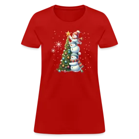 Cute Snowman Decorating Christmas Tree Women's Contoured T-Shirt