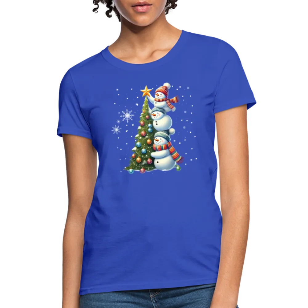 Cute Snowman Decorating Christmas Tree Women's Contoured T-Shirt