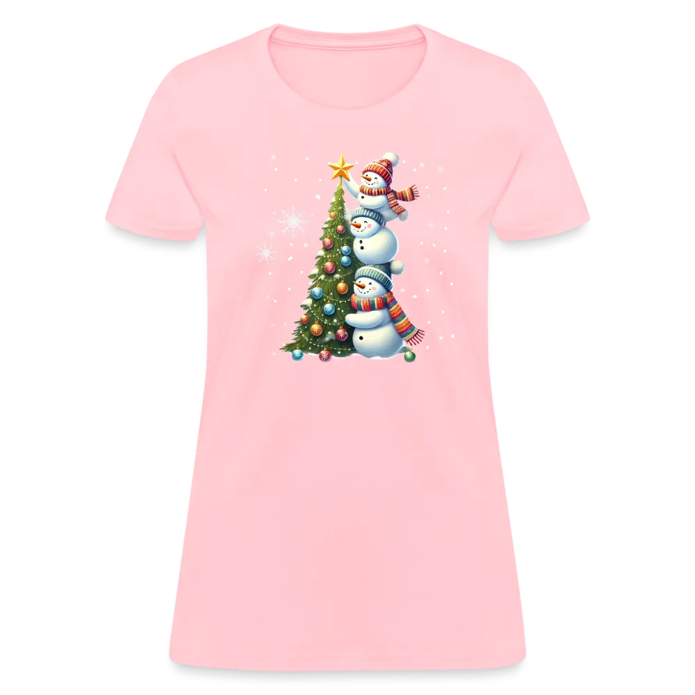 Cute Snowman Decorating Christmas Tree Women's Contoured T-Shirt