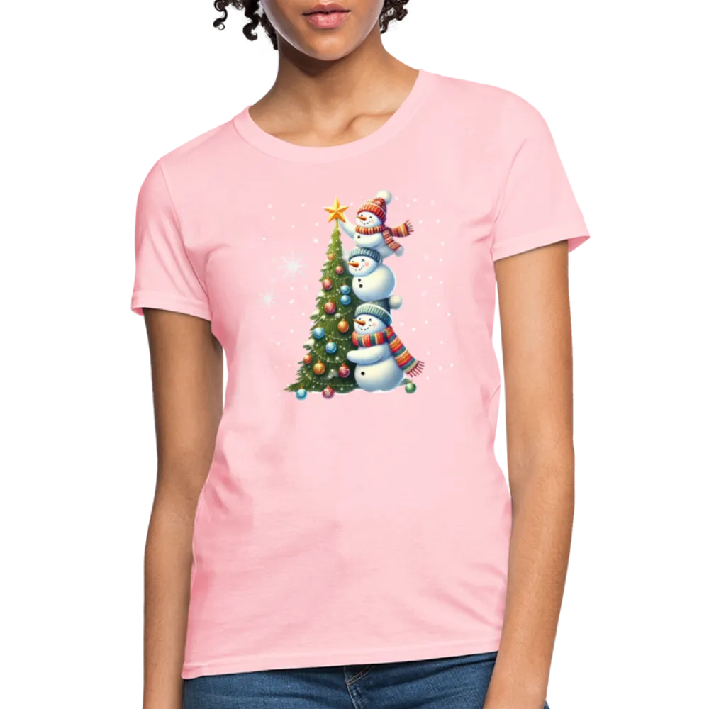 Cute Snowman Decorating Christmas Tree Women's Contoured T-Shirt