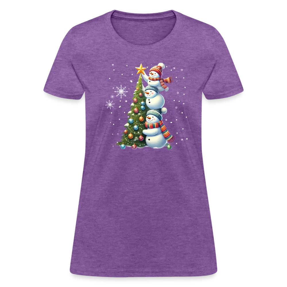 Cute Snowman Decorating Christmas Tree Women's Contoured T-Shirt