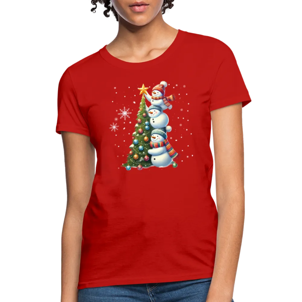 Cute Snowman Decorating Christmas Tree Women's Contoured T-Shirt