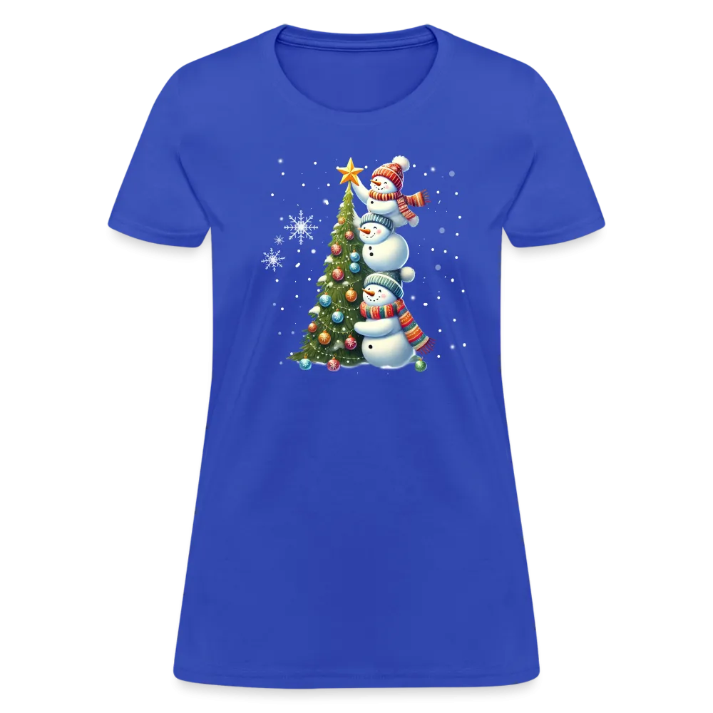 Cute Snowman Decorating Christmas Tree Women's Contoured T-Shirt