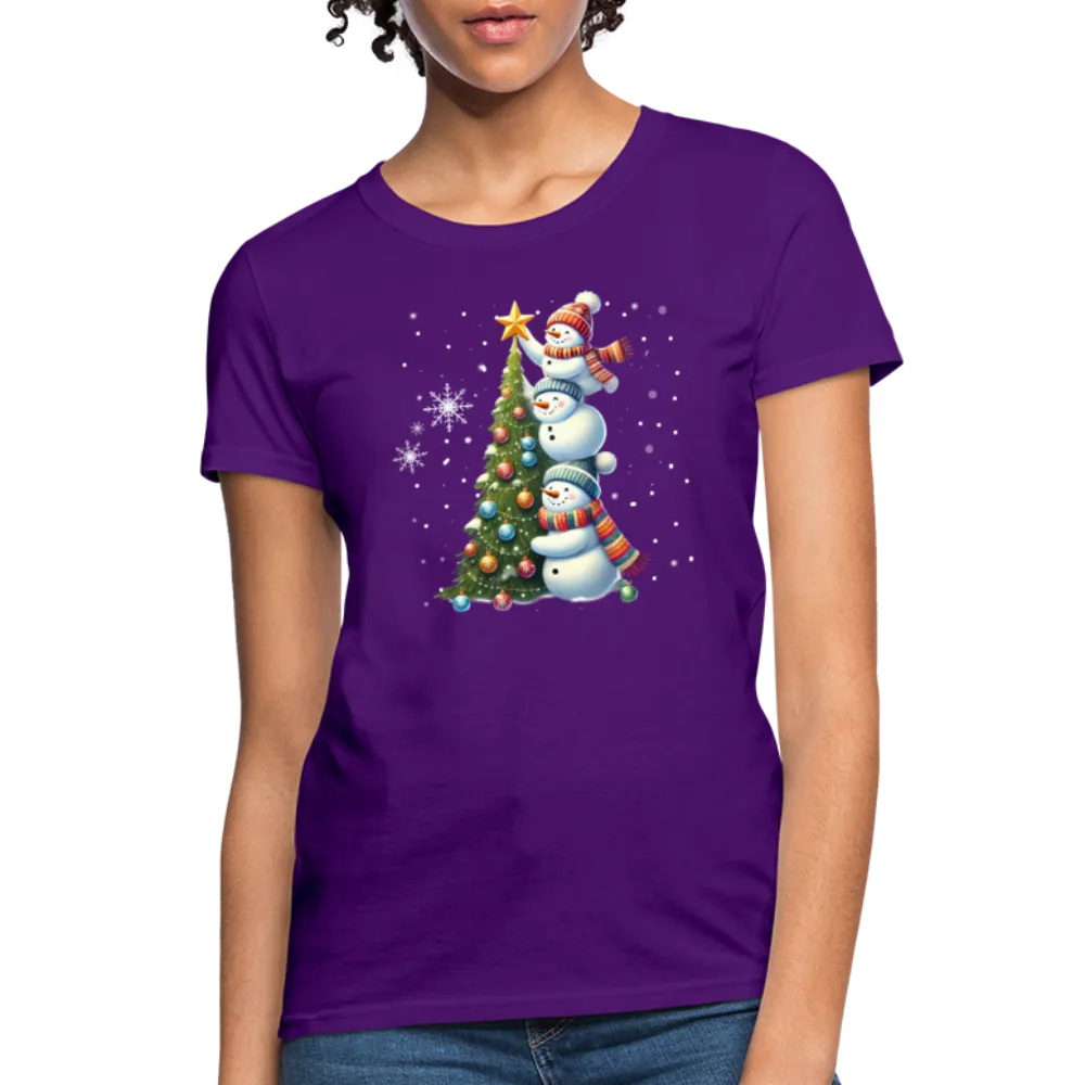 Cute Snowman Decorating Christmas Tree Women's Contoured T-Shirt