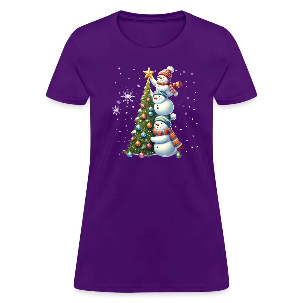 Cute Snowman Decorating Christmas Tree Women's Contoured T-Shirt