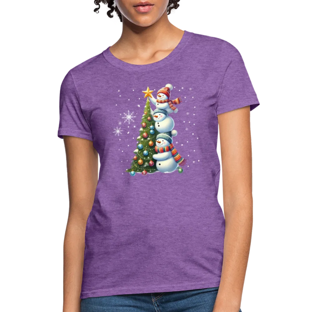 Cute Snowman Decorating Christmas Tree Women's Contoured T-Shirt