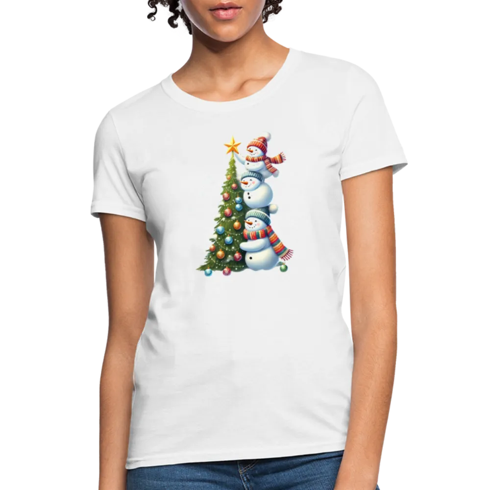 Cute Snowman Decorating Christmas Tree Women's Contoured T-Shirt