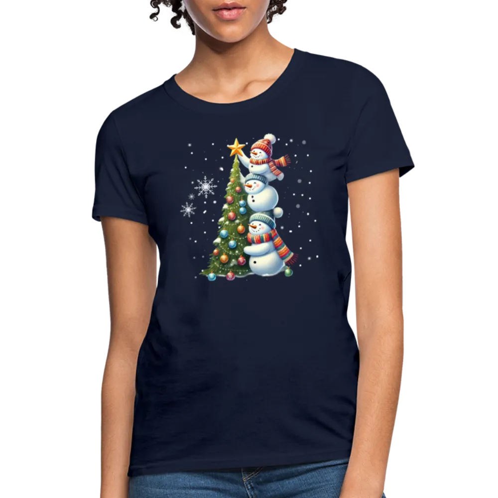 Cute Snowman Decorating Christmas Tree Women's Contoured T-Shirt