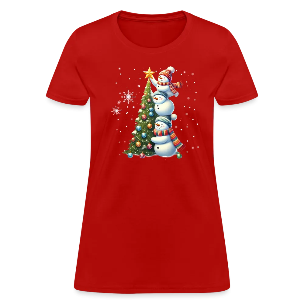 Cute Snowman Decorating Christmas Tree Women's Contoured T-Shirt