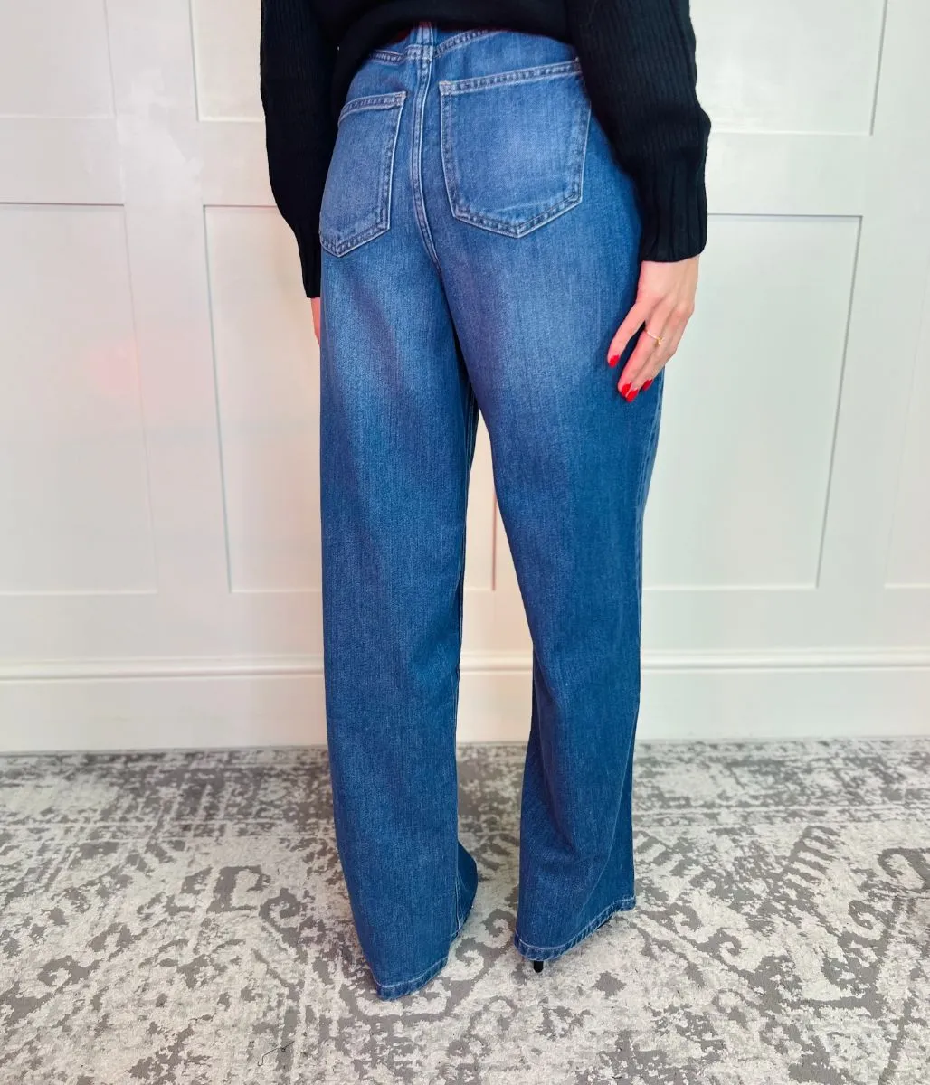 Dark Blue Denim Lyocell Blend Wide Leg Jeans