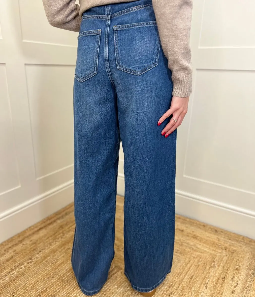 Dark Blue Denim Lyocell Blend Wide Leg Jeans