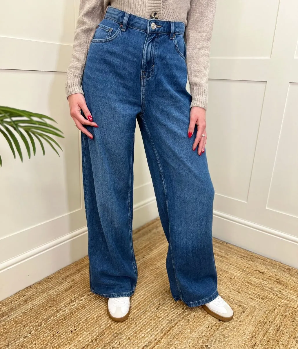 Dark Blue Denim Lyocell Blend Wide Leg Jeans