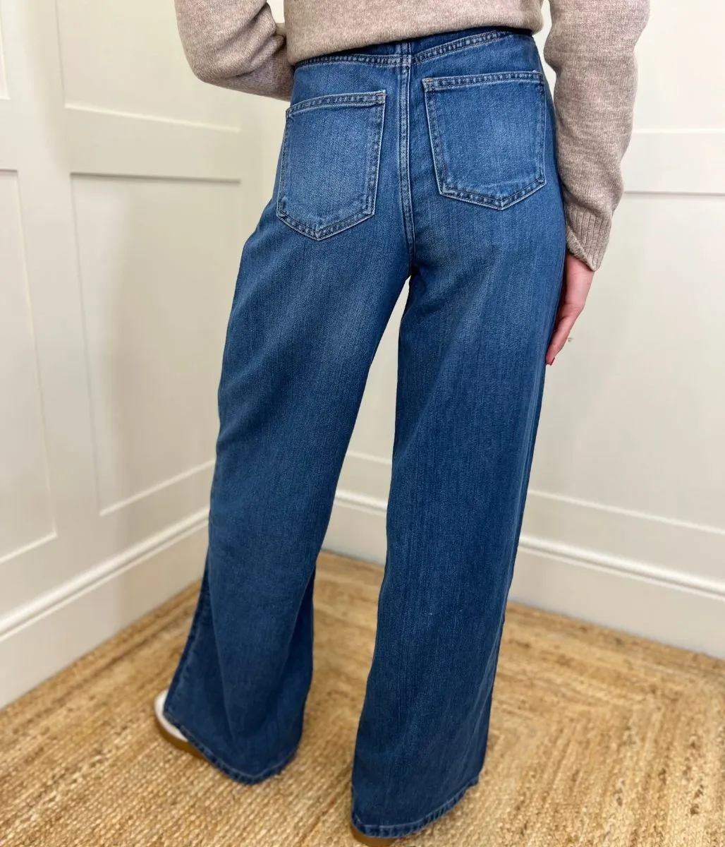 Dark Blue Denim Lyocell Blend Wide Leg Jeans