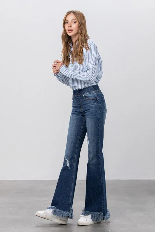 Elastic Banded Long Frayed Flare Jeans