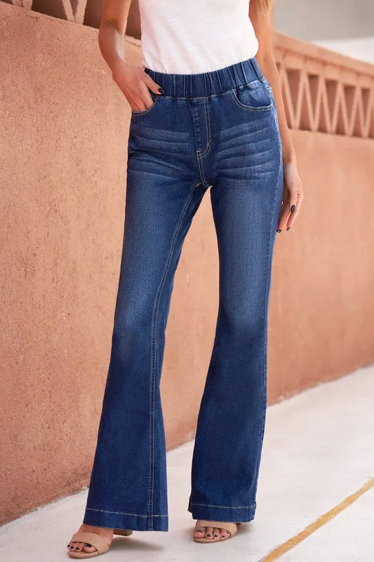 Elastic Waist Flare Jeans - Dark