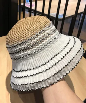 Fashion Khaki Striped Lace Patchwork Bucket Hat