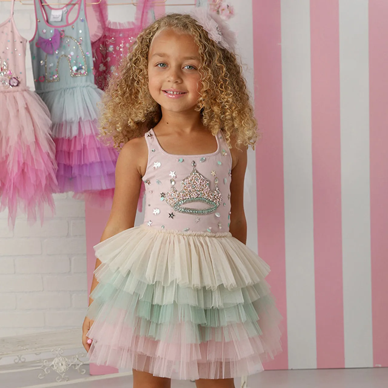 Girls Blush Tiara Tulle Tiered Tutu Dress, 12M-14