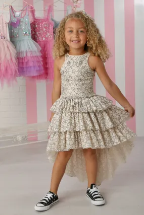 Girls Ivory Floral Lace Ruffled Tutu Hi-Low Chloe Dress, Sizes 12M-14